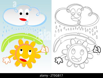 Funny sun holding banana leaf at raining with cute cloud, vector cartoon, coloring book or page Stock Vector