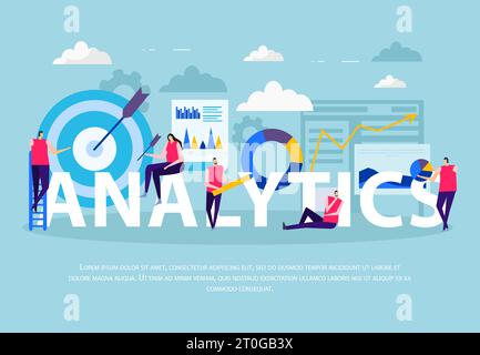 Business analytics flat composition human characters during data work infographic elements on blue background vector illustration Stock Vector