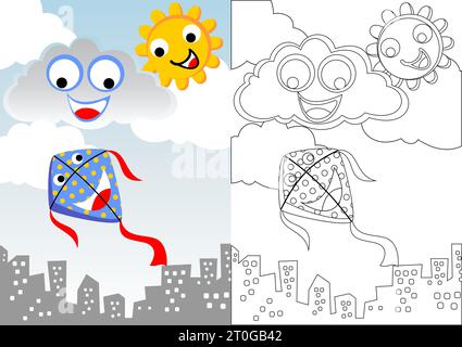 funny kite in the sky with sun and clouds, vector cartoon, coloring book or page Stock Vector