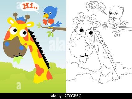 Cute giraffe eating leaf, bird perching on tree branches, vector cartoon, coloring book or page Stock Vector