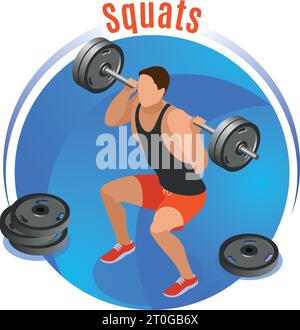 Man with barbell on shoulders during squats on blue round background isometric vector illustration Stock Vector