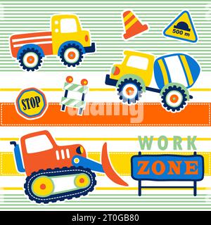 Construction vehicles with construction elements on colorful striped, vector cartoon illustration Stock Vector