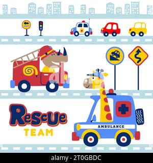 City traffic elements with rhino on fire truck, giraffe on ambulance, vector cartoon illustration Stock Vector