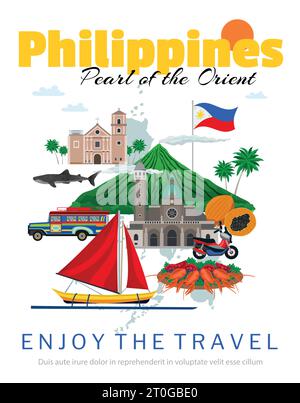 Travel to philippines poster with national flag and landmarks historical buildings traditional food and transportation vector illustration Stock Vector
