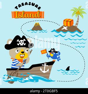 Funny bear in pirate costume with parrot on rowboat, pirate sailing elements, vector cartoon illustration Stock Vector