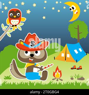 Cute squirrel with owl in camping ground at night, vector cartoon illustration Stock Vector