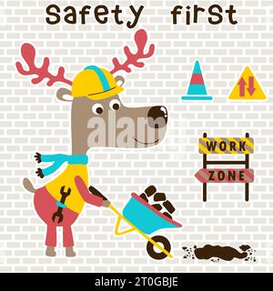 Funny stag pushing wheelbarrow with construction signs on bricks background, vector cartoon illustration Stock Vector