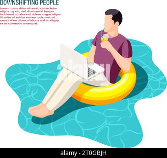 Downshifting escaping office people  working with notebook sitting relaxed on floating swim ring isometric composition vector illustration Stock Vector