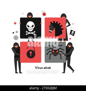 Hackers and threats of computer security on square puzzle elements white background flat vector illustration Stock Vector