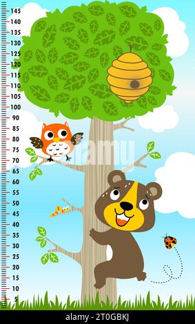 meter wall with big tree and funny animals, bear climbing tree, vector cartoon illustration Stock Vector