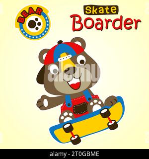 cute bear playing skateboard with footpath logo, vector cartoon illustration Stock Vector