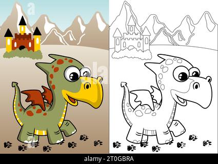 Little dragon and castle on mountain background, Vector cartoon illustration, coloring book or page Stock Vector