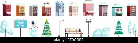 Winter city flat outdoor elements collection with houses christmas fir tree lanterns bench snowman isolated vector illustration Stock Vector