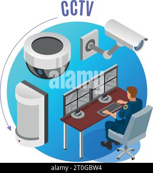 Security system cctv cameras motion sensors observation monitoring devices operator isometric composition blue round background vector illustration Stock Vector