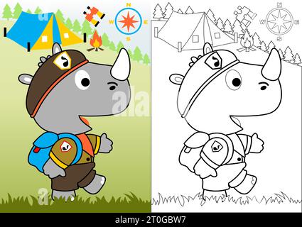 Little rhinoceros in scout uniform on camping ground background, vector cartoon illustration, coloring book or page Stock Vector