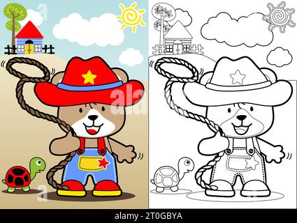 Cute bear in cowboy costume playing lasso with little turtle, vector cartoon illustration, coloring book or page Stock Vector