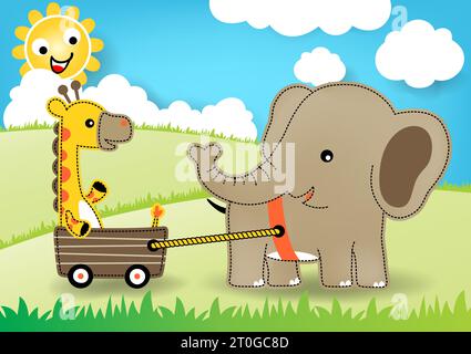 Cute elephant pulling giraffe with cart in meadow on blue sky background, smiling sun behind clouds, vector cartoon illustration Stock Vector