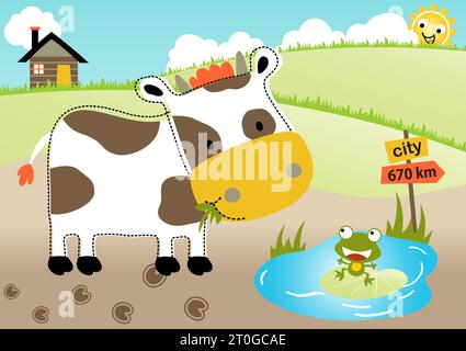 Funny cow and frog in farm field, vector cartoon illustration Stock Vector