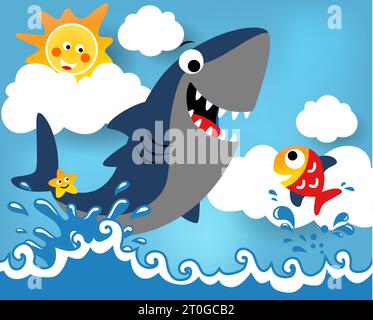 Funny shark with starfish and little fish, smiling sun behind clouds, vector cartoon illustration Stock Vector