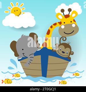 cute animals on boat with fishes in water, sun behind clouds on blue sky background, vector cartoon illustration Stock Vector