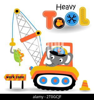 Cute elephant driving a construction vehicle with caterpillar, vector cartoon illustration Stock Vector