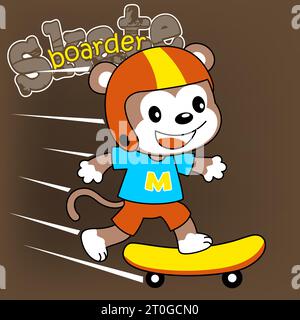 Funny monkey playing skateboard, vector cartoon illustration Stock Vector