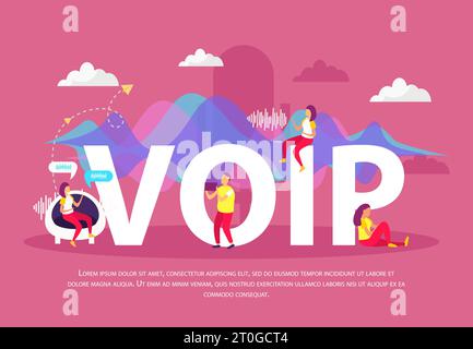 Voip flat background with people used voice over internet protocol service for communication in network vector illustration Stock Vector