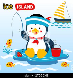 Cute penguin fishing, sailboat in the sea, vector cartoon illustration Stock Vector
