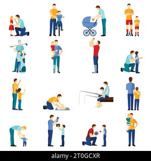 Fatherhood flat icons set with father playing with children  isolated vector illustration. Stock Vector
