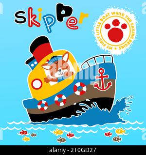 Funny fox on ship, vector cartoon illustration Stock Vector