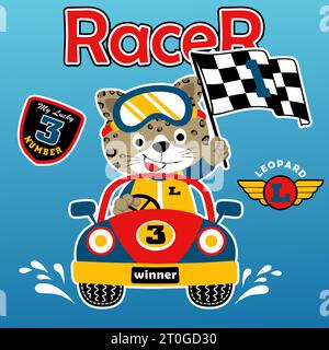 Funny leopard on racing car holding finish flag, racing car elements, vector cartoon illustration Stock Vector