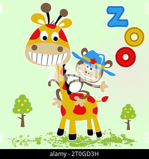 Nice giraffe and monkey, vector cartoon illustration Stock Vector