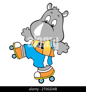 Rhino playing roller skate, vector cartoon illustration Stock Vector