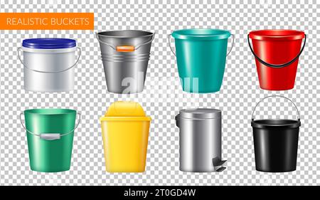 Realistic buckets transparent icon set with champagne metal bucket plastic and trash can vector illustration Stock Vector