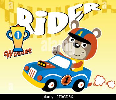 Funny bear on racing car on alphabet background, vector cartoon ...