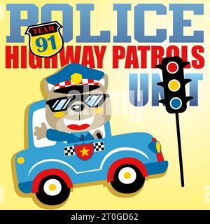 Funny cat on police car with stoplight and police logo, vector cartoon illustration Stock Vector