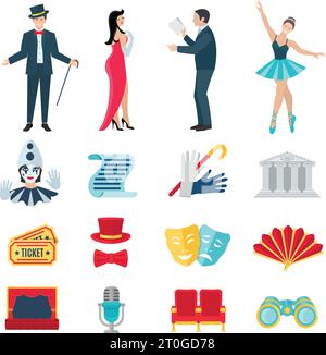 Theater flat icons set with drama and music performance symbols isolated vector illustration Stock Vector