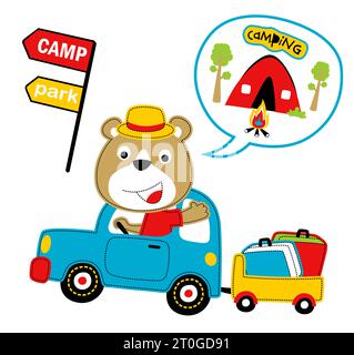 Cute bear driving car puling bags on cart, camping elements, vector cartoon illustration Stock Vector