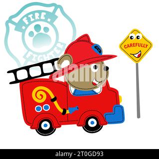 Cute bear on firetruck with funny road sign, vector cartoon illustration Stock Vector