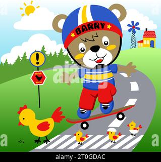 Funny bear playing skateboard in the road, chicken family crossing road, vector cartoon illustration Stock Vector