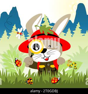 Funny rabbit holding magnifying glass with insects in study, vector cartoon illustration Stock Vector