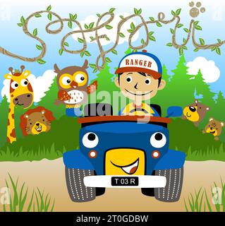 Little boy on car with funny animals in forest, vector cartoon illustration Stock Vector