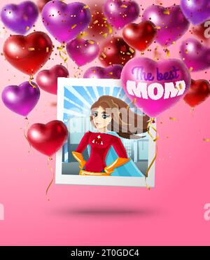 Mothers day composition of heart shaped balloons square photo with superhero mom character and gradient background vector illustration Stock Vector