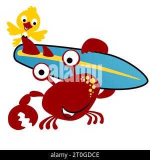 vector cartoon crabs carrying surfboard with a bird Stock Vector