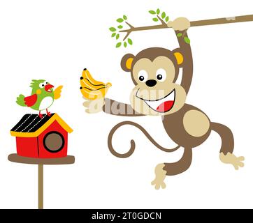 Cute monkey hanging in tree branches with banana, little bird on cage, vector cartoon illustration Stock Vector