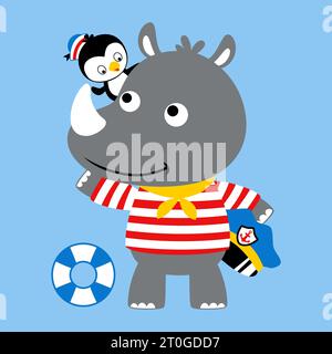 Nice rhino with penguin in sailor uniform, vector cartoon illustration Stock Vector