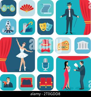 Theater icons flat set with actors and decoration symbols isolated vector illustration Stock Vector