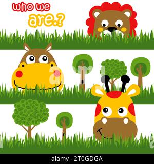 funny animals hiding behind the grass, vector cartoon illustration Stock Vector