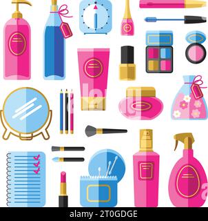 Makeup accessories for hair and face care flat icons set with hair spray abstract isolated vector illustration Stock Vector