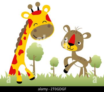 Cute giraffe with funny deer in forest, vector cartoon illustration Stock Vector